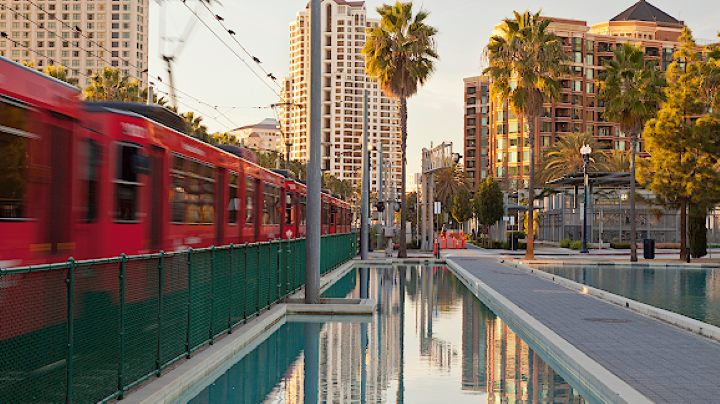 Downtown San Diego with the Trolley running
