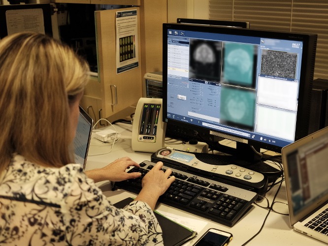 person at computer looking at brain scans