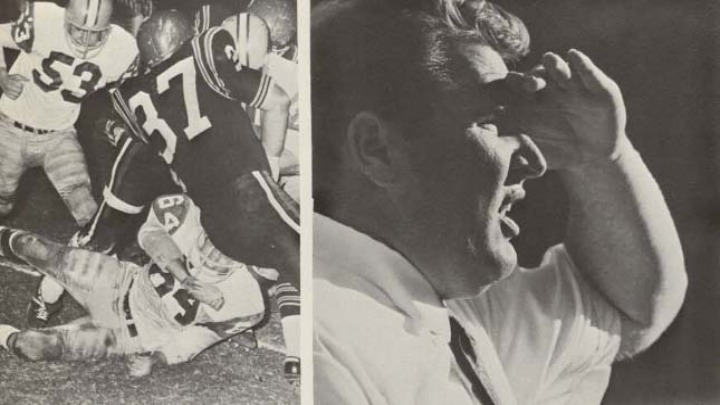 John Madden depicted in the 1967 yearbook Del Sudoeste during his time as an assistant coach.